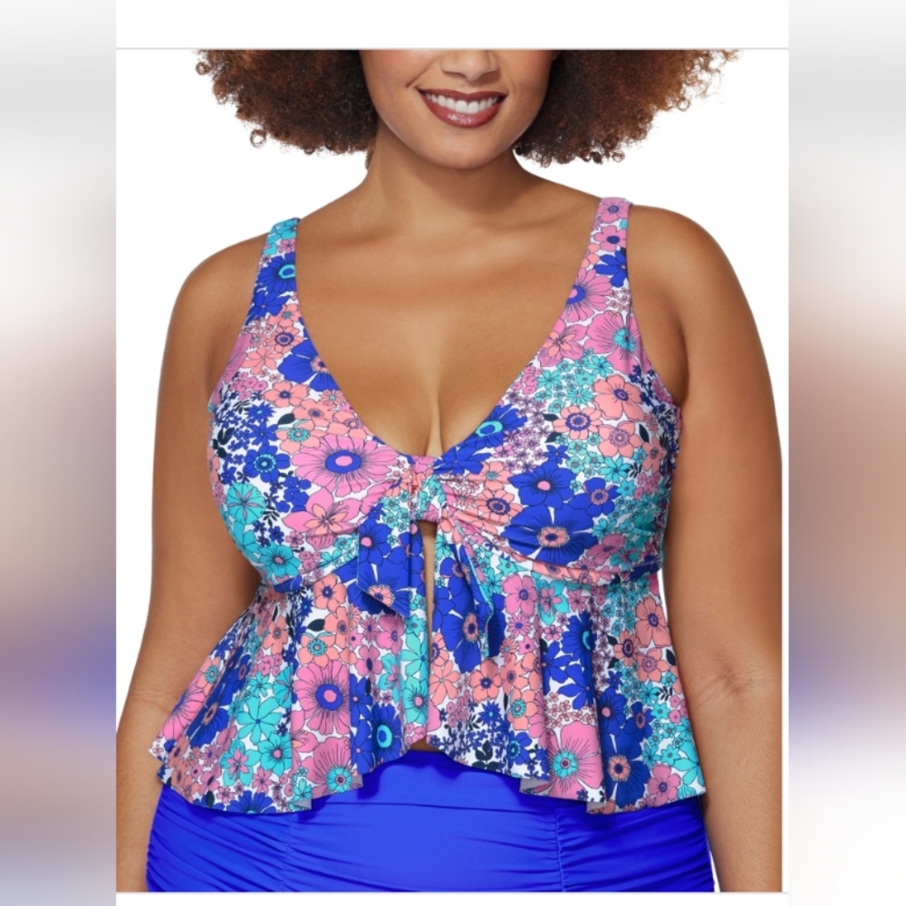Floral Blue and Pink Women's Swim Top